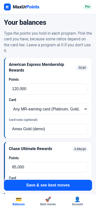 Balances screen: enter points for each program and pick your card